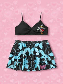 THE POWERPUFF GIRLS X SHEIN 大尺碼2入組彈性針織休閒卡通和蝴蝶印花比基尼套裝，夏季沙灘 - 彩色 - 查看 1
