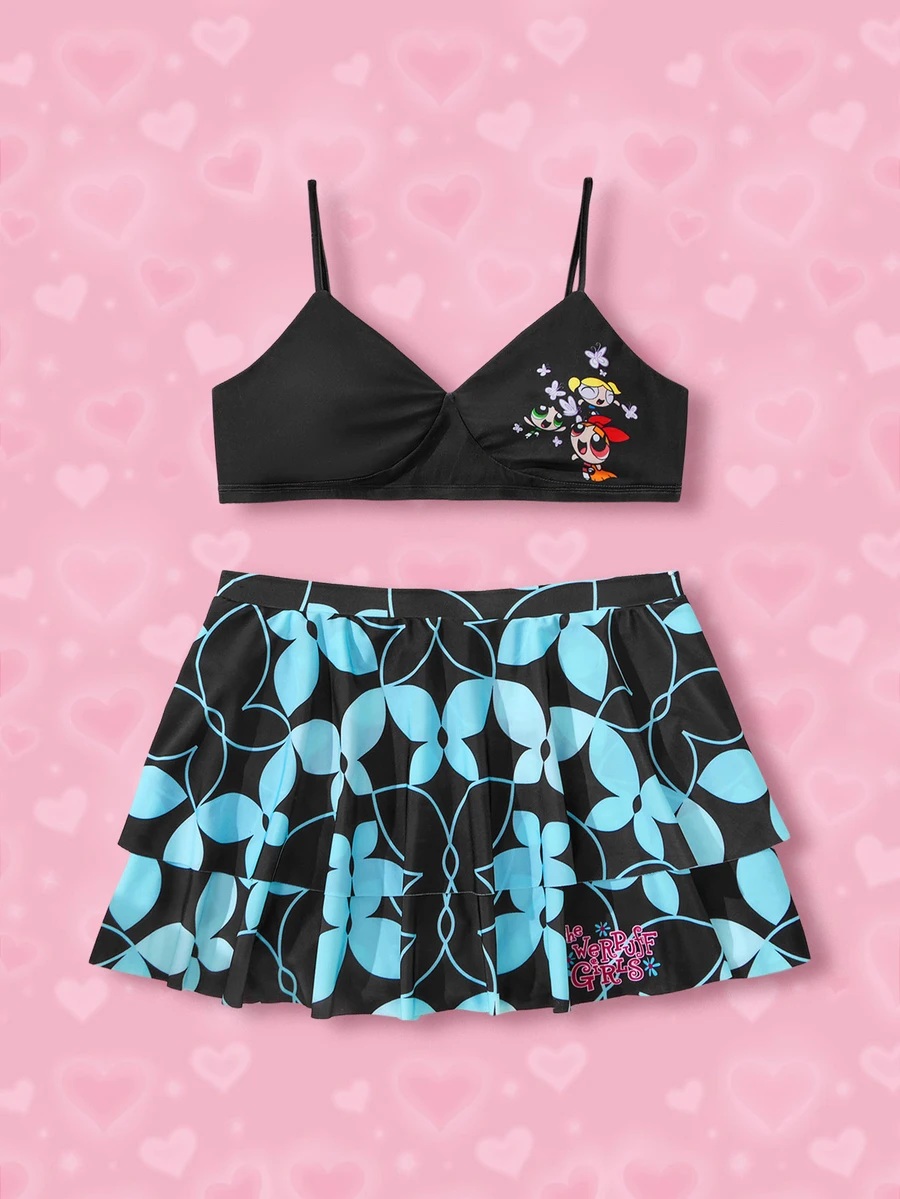 THE POWERPUFF GIRLS X SHEIN 大尺碼2入組彈性針織休閒卡通和蝴蝶印花比基尼套裝,夏季沙灘 - 彩色 - 查看 1