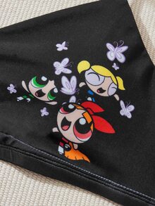 THE POWERPUFF GIRLS X SHEIN 大尺碼2入組彈性針織休閒卡通和蝴蝶印花比基尼套裝，夏季沙灘 - 彩色 - 查看 4