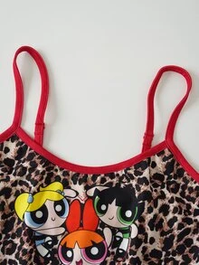 THE POWERPUFF GIRLS X SHEIN 女款豹紋卡通圖案細肩帶上衣與短褲休閒居家睡衣套裝 - 棕色 - 查看 4