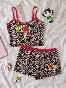 THE POWERPUFF GIRLS X SHEIN 女款豹紋卡通圖案細肩帶上衣與短褲休閒居家睡衣套裝 - 棕色 - 查看 8