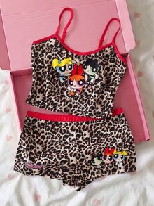THE POWERPUFF GIRLS X SHEIN 女款豹紋卡通圖案細肩帶上衣與短褲休閒居家睡衣套裝 - 棕色 - 查看 3