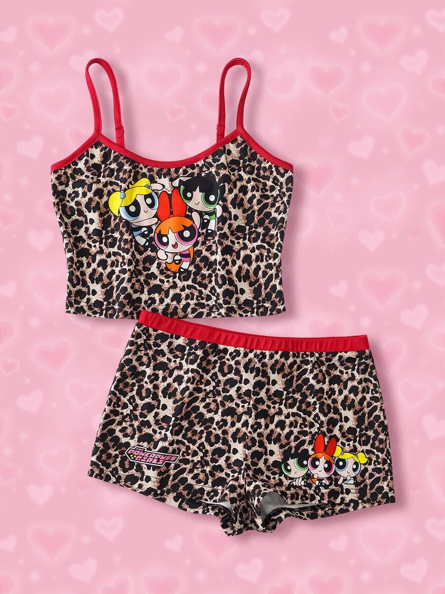 THE POWERPUFF GIRLS X SHEIN 女款豹紋卡通圖案細肩帶上衣與短褲休閒居家睡衣套裝 - 棕色 - 查看 1