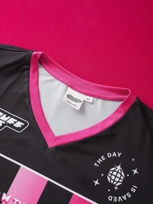 THE POWERPUFF GIRLS X SHEIN 少女扎染条纹花朵、泡泡、毛茛图案撞色V领宽松插肩长袖运动T恤 - 粉色 - 查看 5