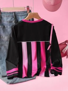 THE POWERPUFF GIRLS X SHEIN 少女扎染条纹花朵、泡泡、毛茛图案撞色V领宽松插肩长袖运动T恤 - 粉色 - 查看 2