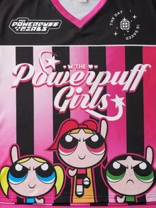 THE POWERPUFF GIRLS X SHEIN 少女扎染条纹花朵、泡泡、毛茛图案撞色V领宽松插肩长袖运动T恤 - 粉色 - 查看 3