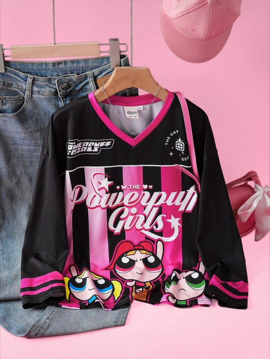 THE POWERPUFF GIRLS X SHEIN 少女扎染条纹花朵、泡泡、毛茛图案撞色V领宽松插肩长袖运动T恤 - 粉色 - 查看 1
