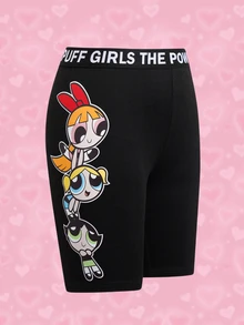 THE POWERPUFF GIRLS X SHEIN 女士弹力腰短款打底裤 - 黑色 - 查看 1