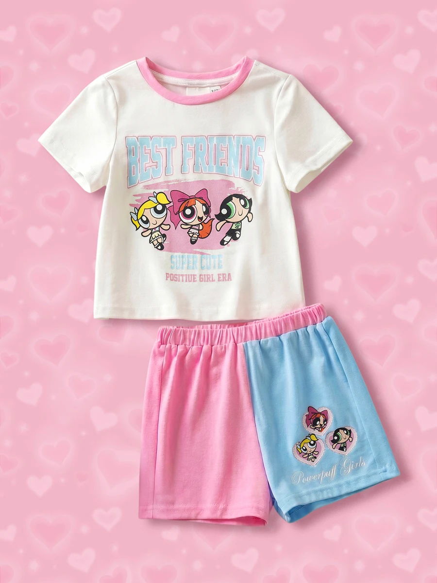 THE POWERPUFF GIRLS X SHEIN 女嬰卡通印花T恤短褲套裝 - 彩色 - 查看 1