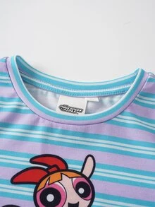 THE POWERPUFF GIRLS X SHEIN 女童條紋字母卡通印花休閒百搭日常短袖T恤 - 彩色 - 查看 4
