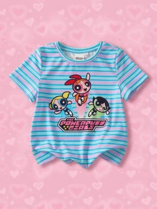 THE POWERPUFF GIRLS X SHEIN 女童條紋字母卡通印花休閒百搭日常短袖T恤 - 彩色 - 查看 1