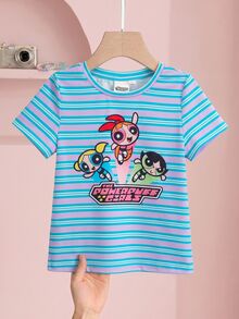 THE POWERPUFF GIRLS X SHEIN 女童條紋字母卡通印花休閒百搭日常短袖T恤 - 彩色 - 查看 3