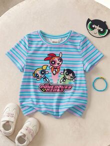 THE POWERPUFF GIRLS X SHEIN 女童條紋字母卡通印花休閒百搭日常短袖T恤 - 彩色 - 查看 7