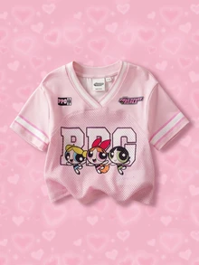 THE POWERPUFF GIRLS X SHEIN 女嬰V領字母卡通印花休閒百搭日常短袖上衣 - 粉色 - 查看 1