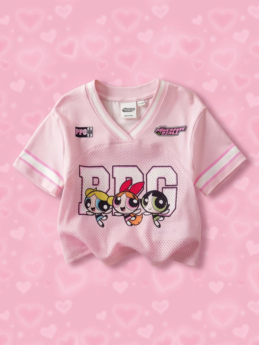 THE POWERPUFF GIRLS X SHEIN 女嬰V領字母卡通印花休閒百搭日常短袖上衣 - 粉色 - 查看 1