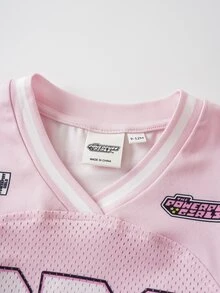 THE POWERPUFF GIRLS X SHEIN 女嬰V領字母卡通印花休閒百搭日常短袖上衣 - 粉色 - 查看 4