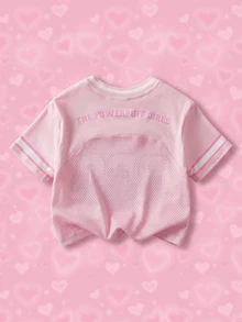 THE POWERPUFF GIRLS X SHEIN 女嬰V領字母卡通印花休閒百搭日常短袖上衣 - 粉色 - 查看 2