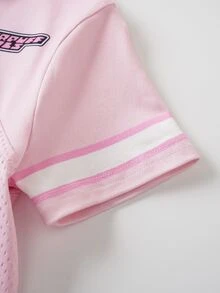 THE POWERPUFF GIRLS X SHEIN 女嬰V領字母卡通印花休閒百搭日常短袖上衣 - 粉色 - 查看 6