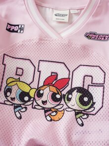 THE POWERPUFF GIRLS X SHEIN 女嬰V領字母卡通印花休閒百搭日常短袖上衣 - 粉色 - 查看 5