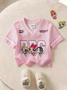 THE POWERPUFF GIRLS X SHEIN 女嬰V領字母卡通印花休閒百搭日常短袖上衣 - 粉色 - 查看 8