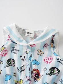 THE POWERPUFF GIRLS X SHEIN 1件趣味休閒風女嬰舒適水手領收腰連身褲 - 彩色 - 查看 4