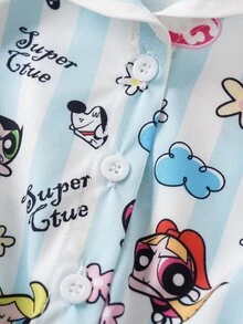 THE POWERPUFF GIRLS X SHEIN 1件趣味休閒風女嬰舒適水手領收腰連身褲 - 彩色 - 查看 6