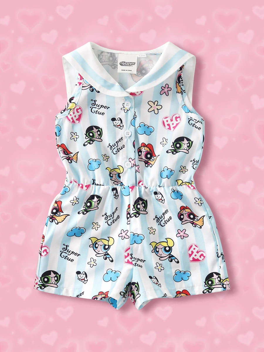 THE POWERPUFF GIRLS X SHEIN 1件趣味休閒風女嬰舒適水手領收腰連身褲 - 彩色 - 查看 1