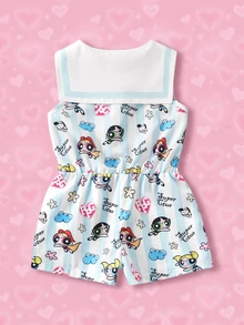 THE POWERPUFF GIRLS X SHEIN 1件趣味休閒風女嬰舒適水手領收腰連身褲 - 彩色 - 查看 2
