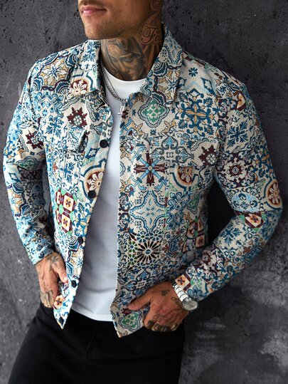 SLATEMANN Men's Blue Fashion Retro All-Over Print Casual Long Sleeve Shirt Jacket