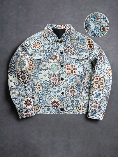 SLATEMANN Men's Blue Fashion Retro All-Over Print Casual Long Sleeve Shirt Jacket