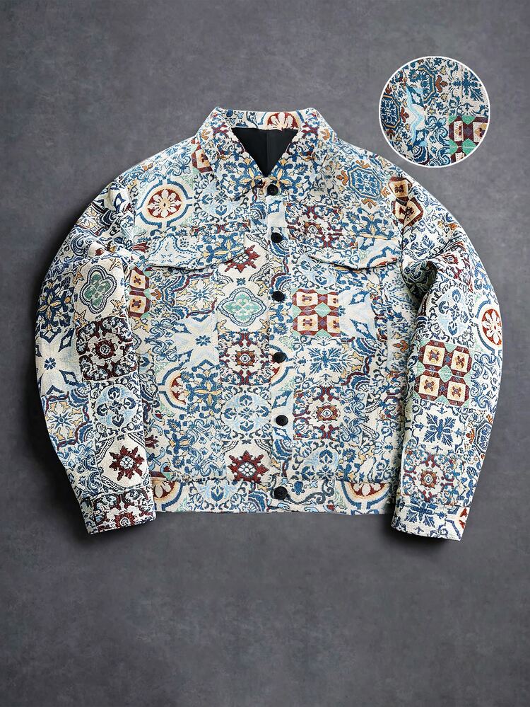 SLATEMANN Men's Blue Fashion Retro All-Over Print Casual Long Sleeve Shirt Jacket - Blue - View 5