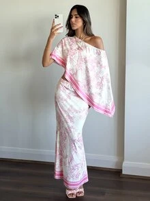 Aloruh 女款花卉印花不對稱領口上衣與魚尾裙優雅兩件套 - 彩色 - 查看 6