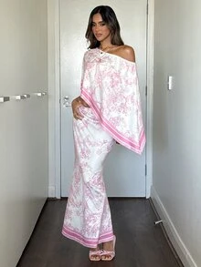 Aloruh 女款花卉印花不對稱領口上衣與魚尾裙優雅兩件套 - 彩色 - 查看 2