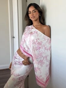 Aloruh 女款花卉印花不對稱領口上衣與魚尾裙優雅兩件套 - 彩色 - 查看 7
