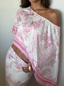 Aloruh 女款花卉印花不對稱領口上衣與魚尾裙優雅兩件套 - 彩色 - 查看 9