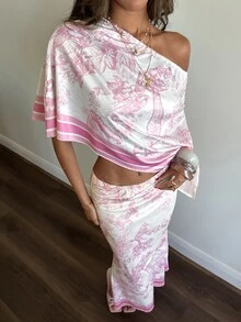 Aloruh 女款花卉印花不對稱領口上衣與魚尾裙優雅兩件套 - 彩色 - 查看 5