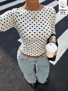 Muchica Women's Polka Dot Ruched Slim Fit Versatile Daily Long Sleeve T-Shirt - Black and White - View 7