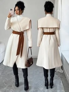 Elenzga 1pc Contrast Binding Waterfall Collar Belted Overcoat - Multicolor - View 1