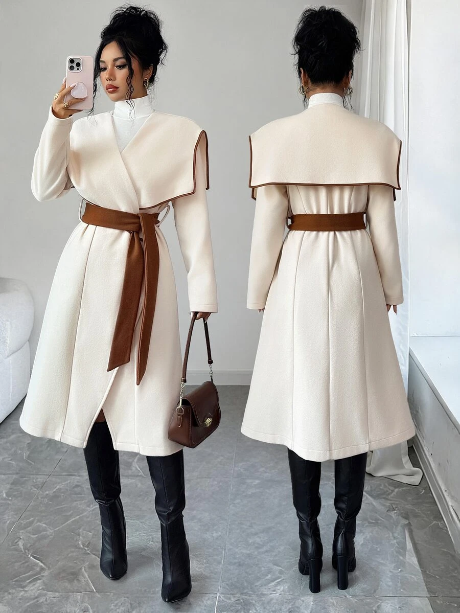 Elenzga 1pc Contrast Binding Waterfall Collar Belted Overcoat - Multicolor - View 1