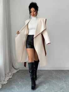 Elenzga 1pc Contrast Binding Waterfall Collar Belted Overcoat - Multicolor - View 4