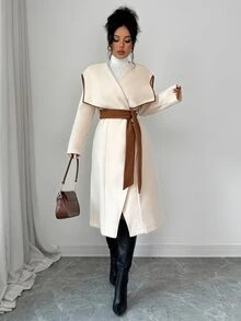 Elenzga 1pc Contrast Binding Waterfall Collar Belted Overcoat - Multicolor - View 7