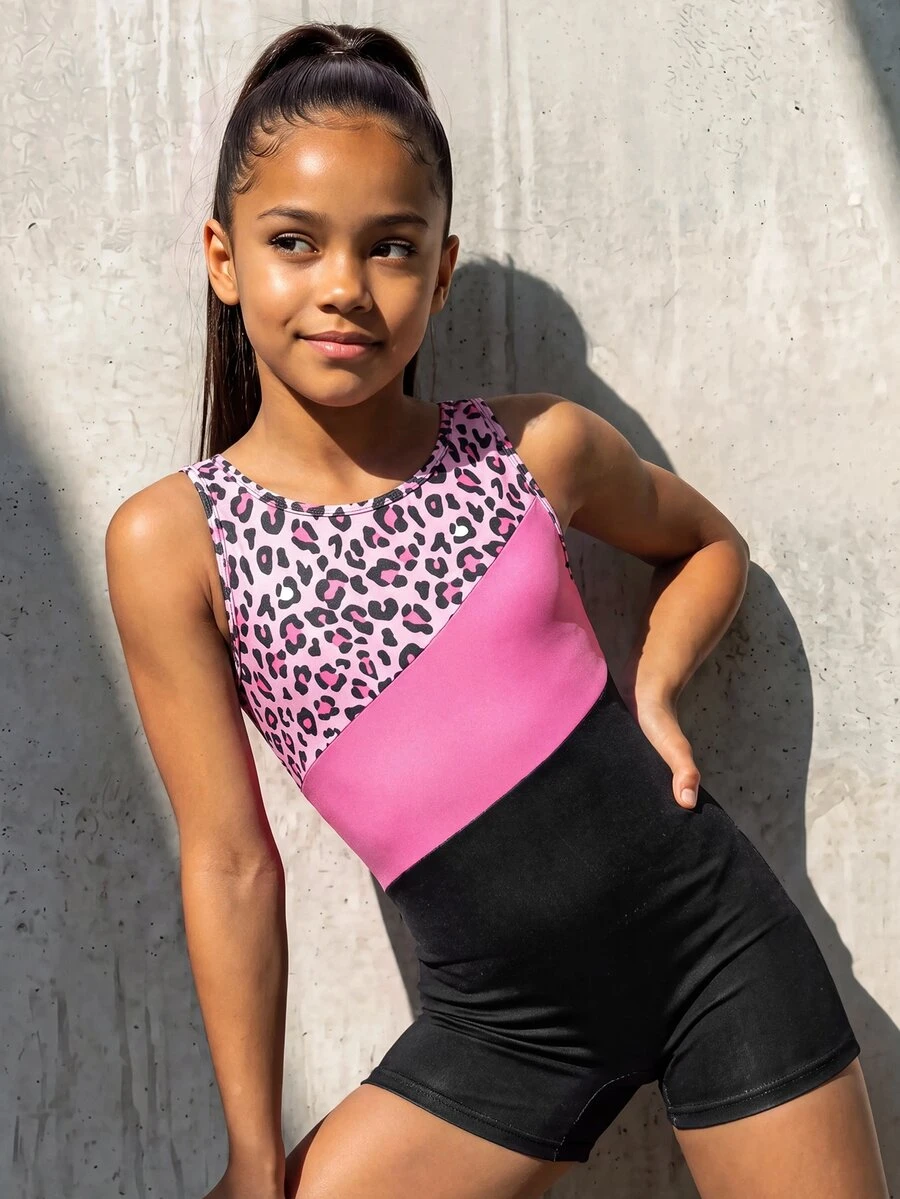 Leotard Senam Rajut Satu Potong Anak Perempuan Tween Motif Macan Tutul Colorblock Hitam dan Pink, Cetakan Eksklusif, Elastis Nyaman untuk Olahraga Musim Panas Lucu