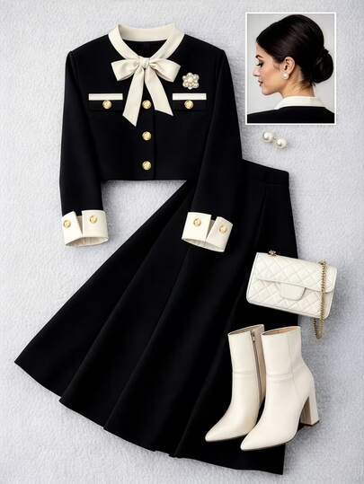 GlowEve CURVE Plus Size Elegant Commuter Bow Decor Blazer & Skirt Set, Rich Girl Style