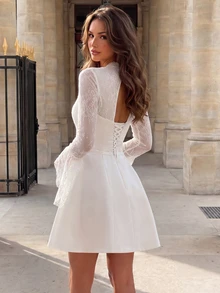 Vowa Elegant White Satin Lace Patchwork Long Sleeve Ruched Bust Party Graduation Ceremony Bride Dress Bachelorette Prom Bridal Shower Fall - White - View 2
