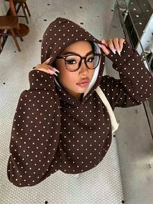 青少年女孩休閒時尚波點圖案厚實舒適柔軟連帽衛衣，適合秋冬日常、街頭、戶外、Y2K、運動、校園、返校，甜美女孩風 - 白色 - 查看 6