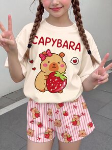青少年女孩休閒極簡短袖上衣與短褲兩件套，適合夏季 - 彩色 - 查看 2