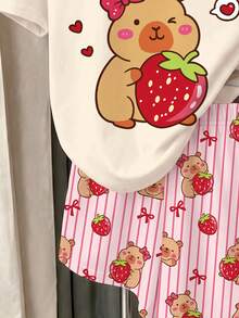 青少年女孩休閒極簡短袖上衣與短褲兩件套，適合夏季 - 彩色 - 查看 7