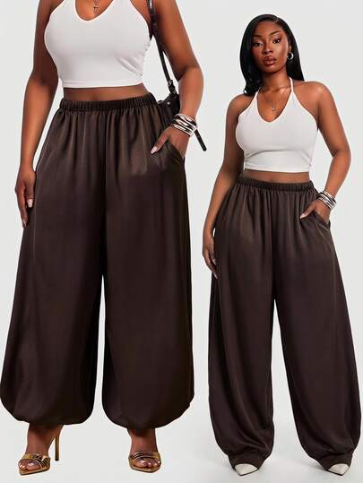 Radiana Plus Size Women's Loose Fashion Elegant Chocolate Brown Satin Harem Pants With Pockets, Autumn Bohemian Style Vacation Casual Soft Street Fashion Item