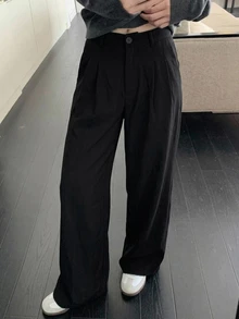 DAZY Women's Solid Color Pleated Straight Leg Loose Casual Long Pants Autumn Work Office Black - Black - View 6