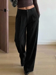 DAZY Women's Solid Color Pleated Straight Leg Loose Casual Long Pants Autumn Work Office Black - Black - View 1